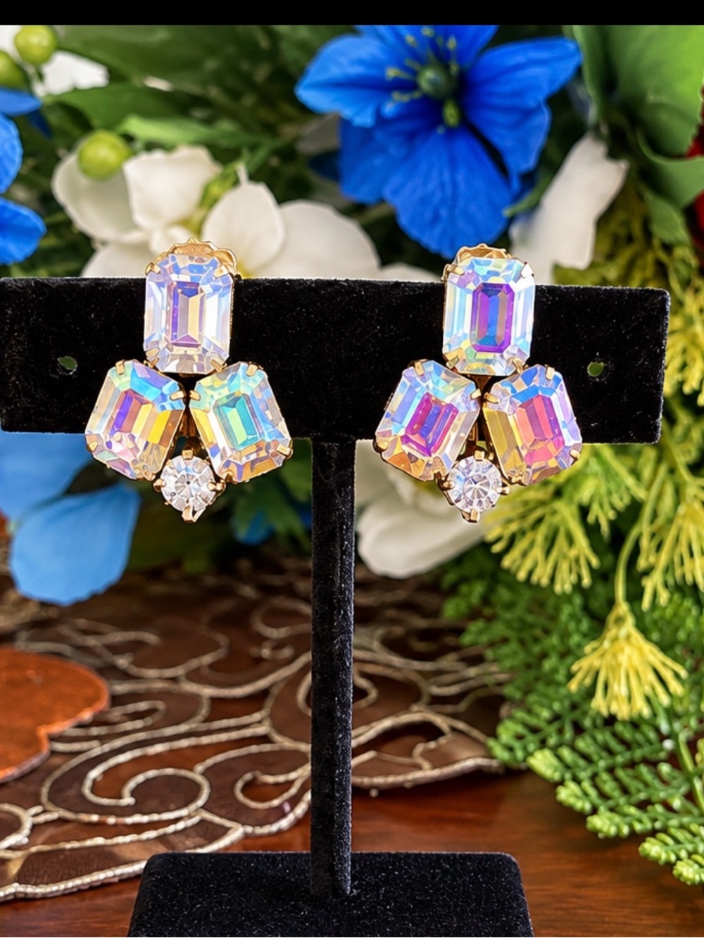 Aurora Crystal Cluster Stud Earrings - Iridescent signed Weiss